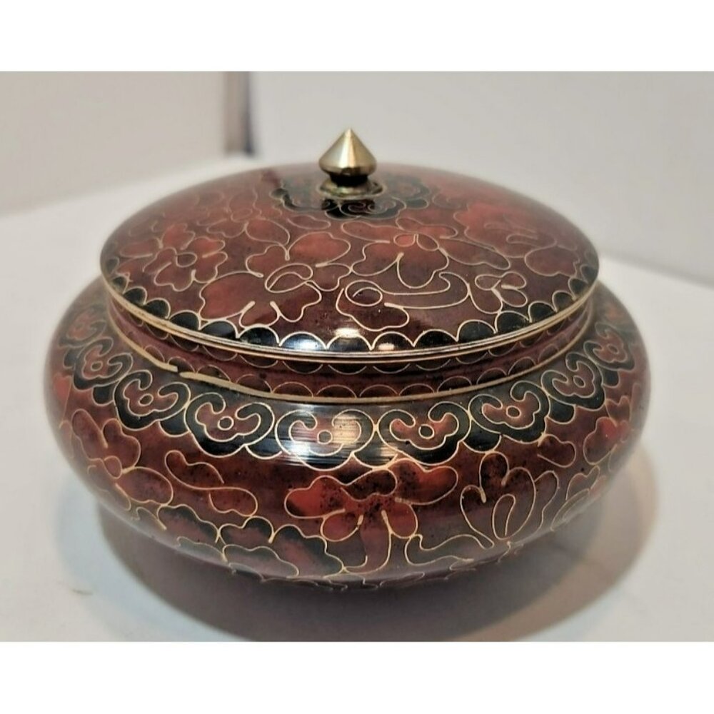 Vtg Chinese Cloisonne Enamel on Brass Handpainted Round Trinket Dish with Lid